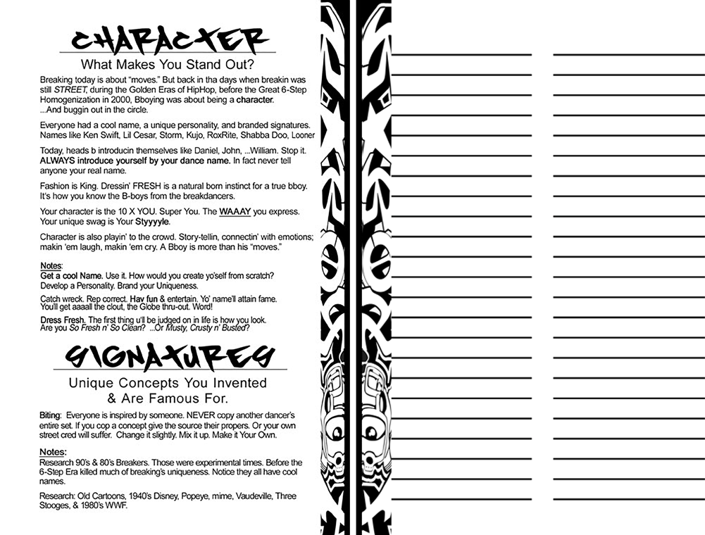 Bboy Character and Signatures advice beside a lined page for developing a dance name, personal style and original moves.